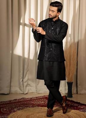 Black work viscose embroidered nehru jacket for festive 2