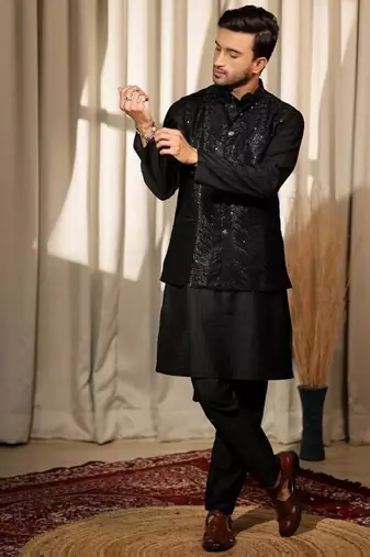Black work viscose embroidered nehru jacket for festive