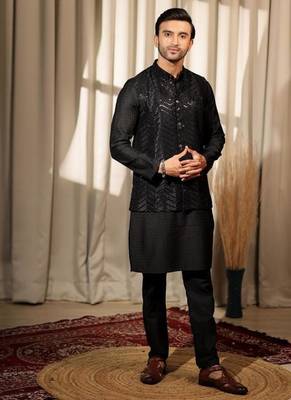Black work viscose embroidered nehru jacket for festive 3