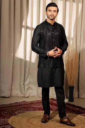 Black work viscose embroidered nehru jacket for festive