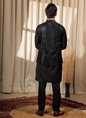 Black work viscose embroidered nehru jacket for festive 4