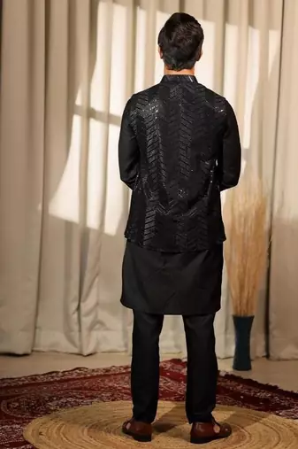 Black work viscose embroidered nehru jacket for festive