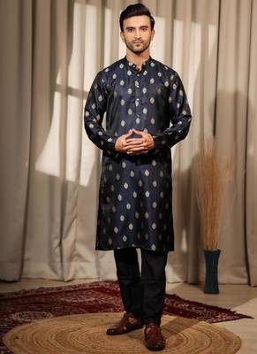Blue work viscose jacquard embroidered kurta for festive 1