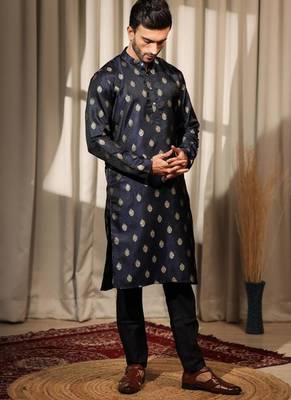 Blue work viscose jacquard embroidered kurta for festive 2