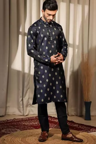 Blue work viscose jacquard embroidered kurta for festive