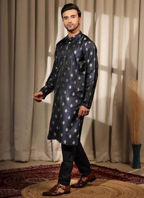 Blue work viscose jacquard embroidered kurta for festive 3