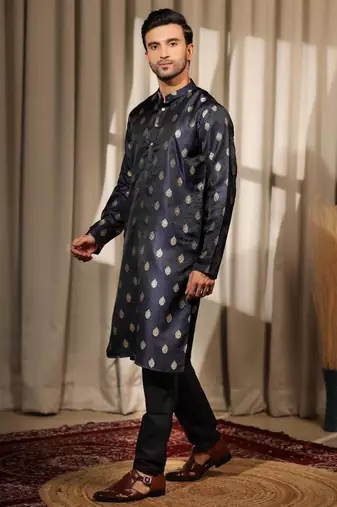 Blue work viscose jacquard embroidered kurta for festive