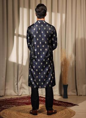 Blue work viscose jacquard embroidered kurta for festive 4