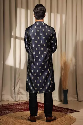 Blue work viscose jacquard embroidered kurta for festive