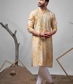 Yellow work modal silk embroidered kurta for festive