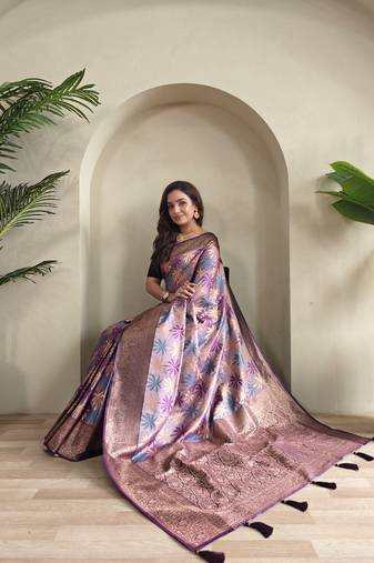 lavender Kanchi silk blend saree with weaving design