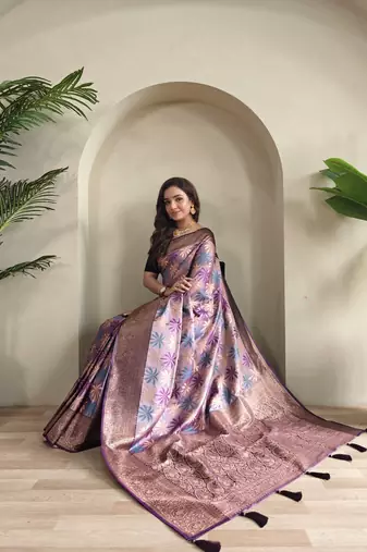 lavender Kanchi silk blend saree with weaving design
