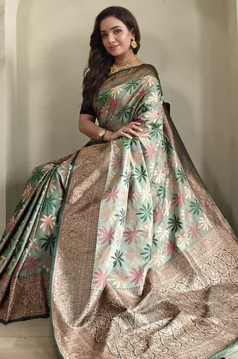 green Kanchi silk blend saree with weaving design