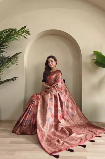 peach Kanchi silk blend saree with weaving design