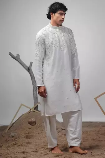 White work greek satin print kurta for mehandi