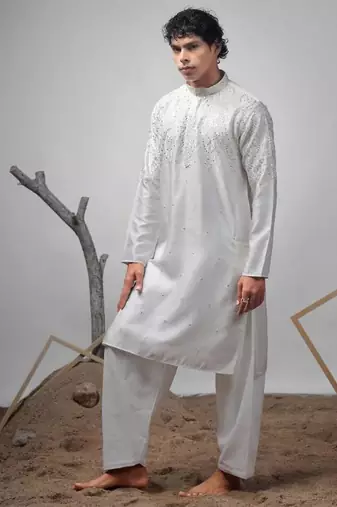 White work greek satin print kurta for mehandi