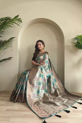 Sea green Kanchi silk blend saree with weaving design