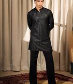 Black work silk blend embroidered kurta pajama
