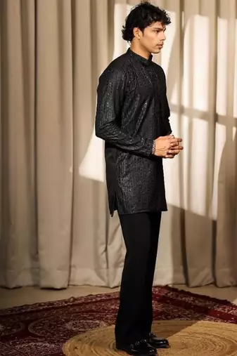 Black work silk blend embroidered kurta pajama