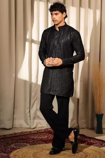 Black work silk blend embroidered kurta pajama