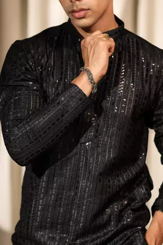 Black work silk blend embroidered kurta pajama