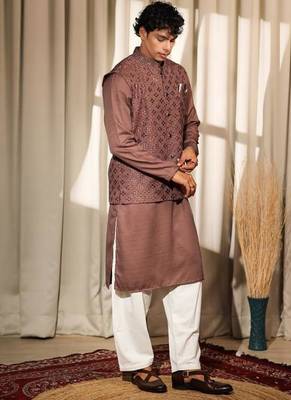 Brown work silk blend embroidered Nehru Jacket 1