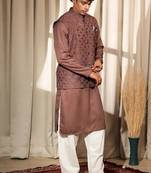 Brown work silk blend embroidered Nehru Jacket