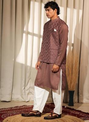 Brown work silk blend embroidered Nehru Jacket 2