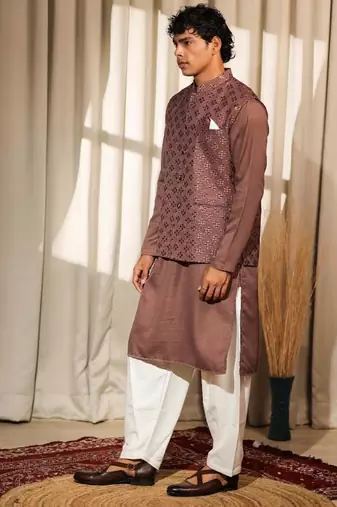 Brown work silk blend embroidered Nehru Jacket