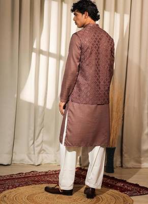 Brown work silk blend embroidered Nehru Jacket 3