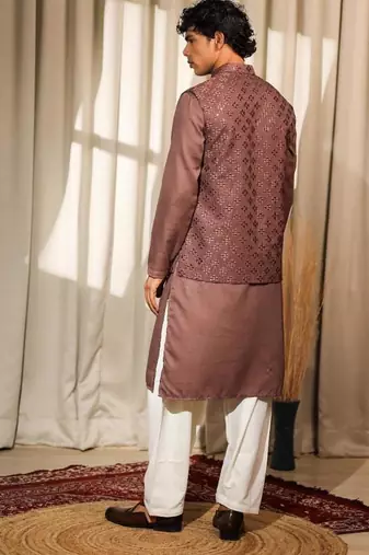 Brown work silk blend embroidered Nehru Jacket