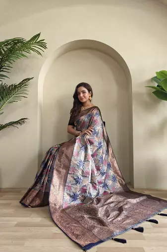 Blue Kanchi silk blend saree with weaving design