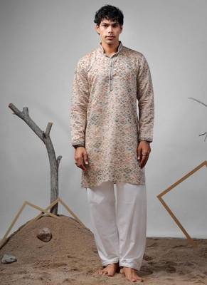 Cream work modal silk print kurta 1