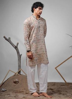 Cream work modal silk print kurta 2