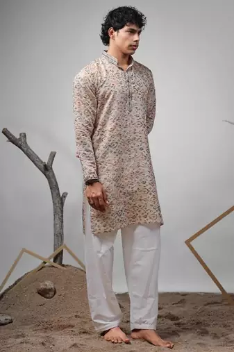 Cream work modal silk print kurta