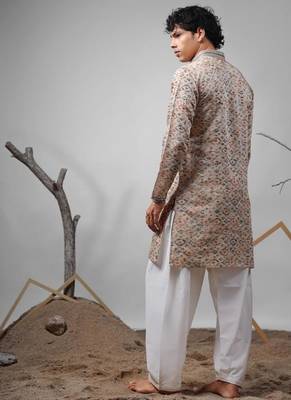 Cream work modal silk print kurta 3