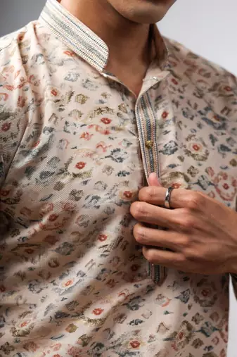 Cream work modal silk print kurta