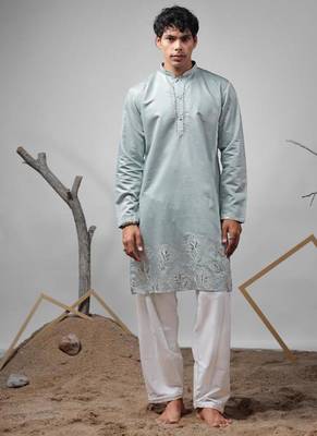 Baby blue work rolex silk embroidered kurta 1