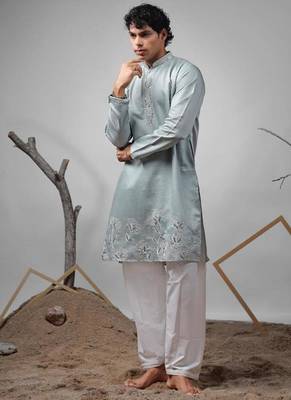 Baby blue work rolex silk embroidered kurta 2