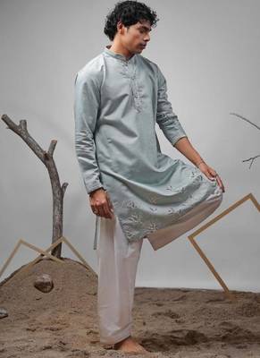 Baby blue work rolex silk embroidered kurta 3