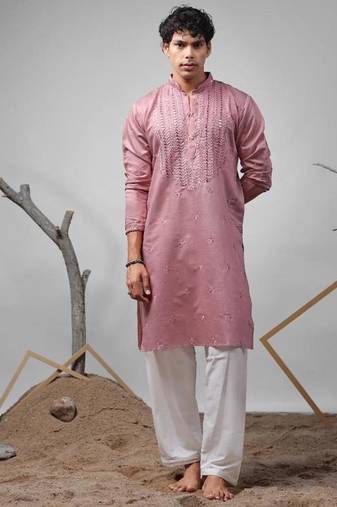 Pink work rolex silk embroidered kurta