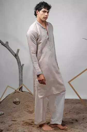 Brownish grey work rolex silk embroidered kurta