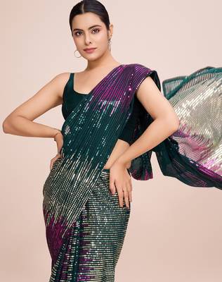 green Embellished georgette saree with unstitched blouse 1