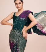 green Embellished georgette saree with unstitched blouse