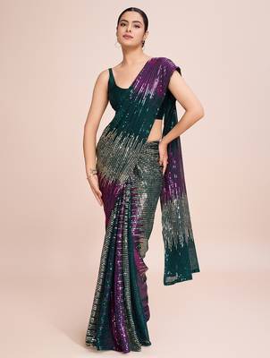 green Embellished georgette saree with unstitched blouse 2