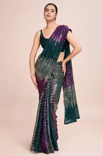 green Embellished georgette saree with unstitched blouse