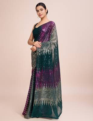 green Embellished georgette saree with unstitched blouse 3