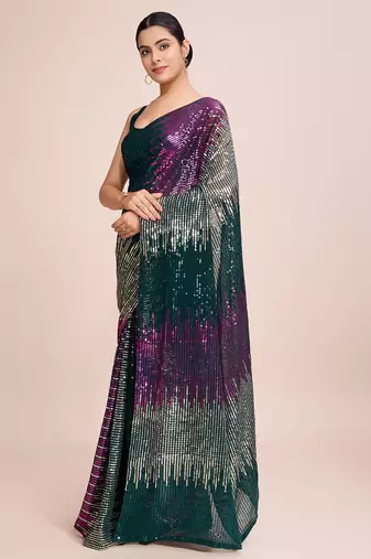 green Embellished georgette saree with unstitched blouse