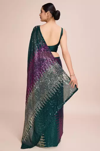 green Embellished georgette saree with unstitched blouse