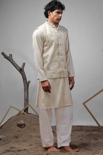 Cream work silk blend embroidered Nehru Jacket
